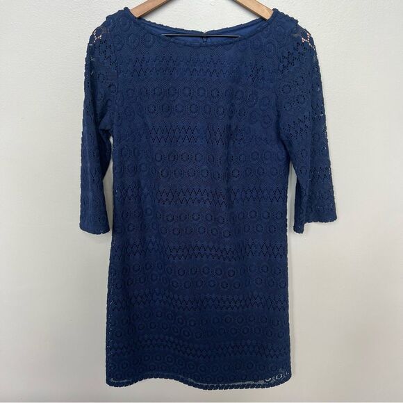 Jessica Howard Lace Overlay 3/4 Sleeve Elegant Navy Lace Sheath Dress Size 8 - Picture 2 of 11